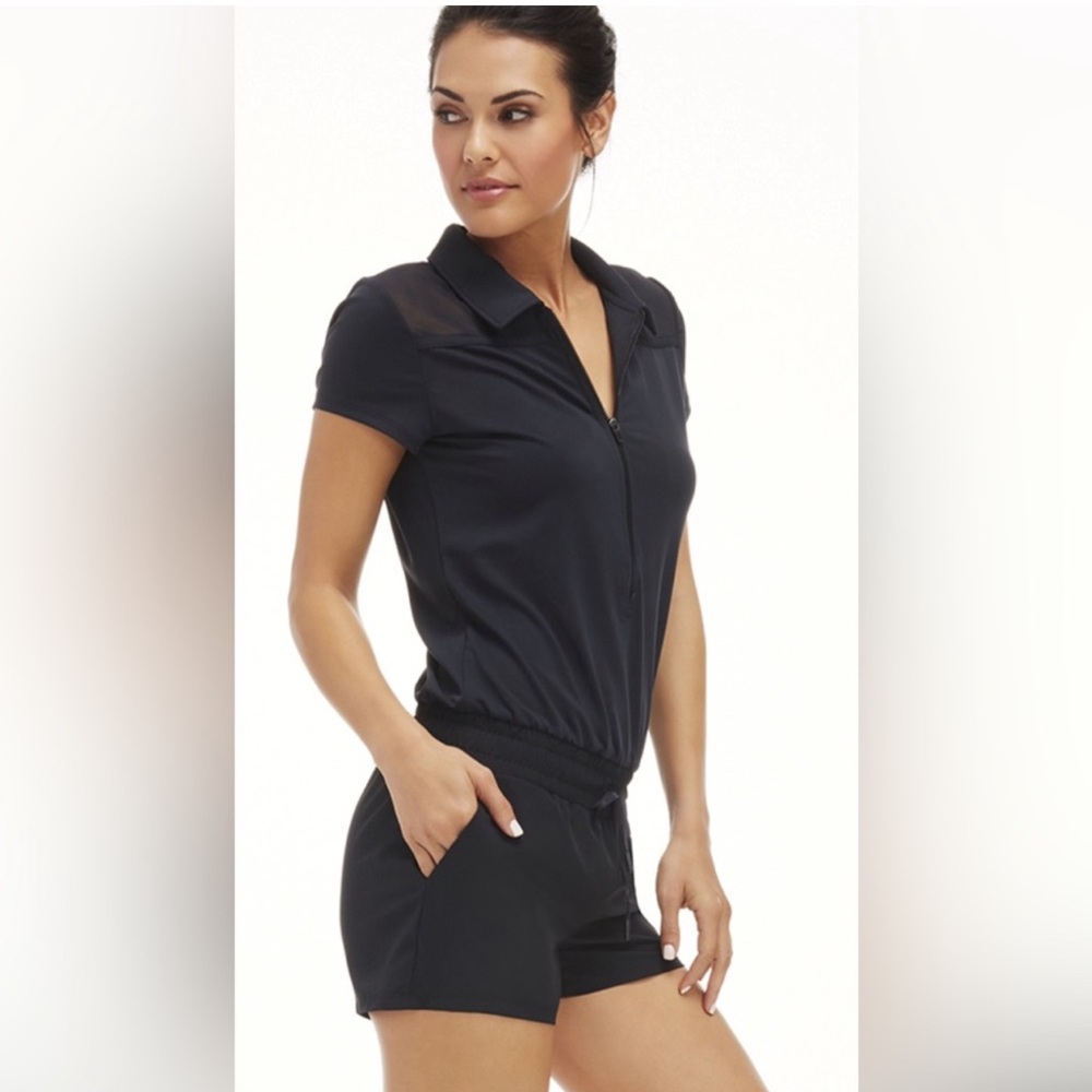 Fabletics - Black Zip-front Romper with mesh top